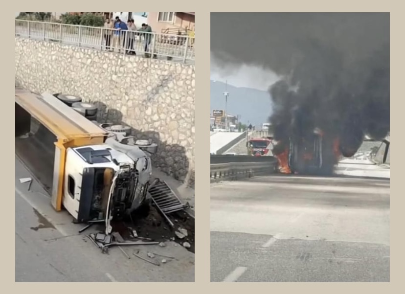 HATAY’DA ÇEKMECE ÜST GEÇİDİ'NDE ARDI ARDINA İKİ OLAY KAMYON DEVİRİLDİ, AMBULANS ALEV ALDI