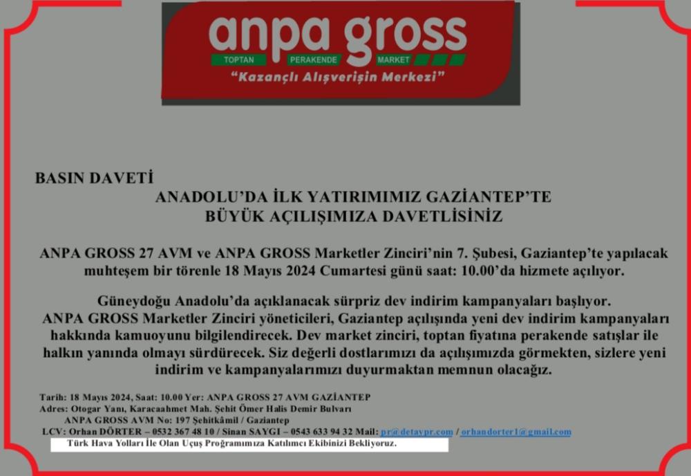 GAZİANTEP'TE BÜYÜK AÇILIŞ: ANPA GROSS 27 AVM'DE KAPILARINI AÇIYOR